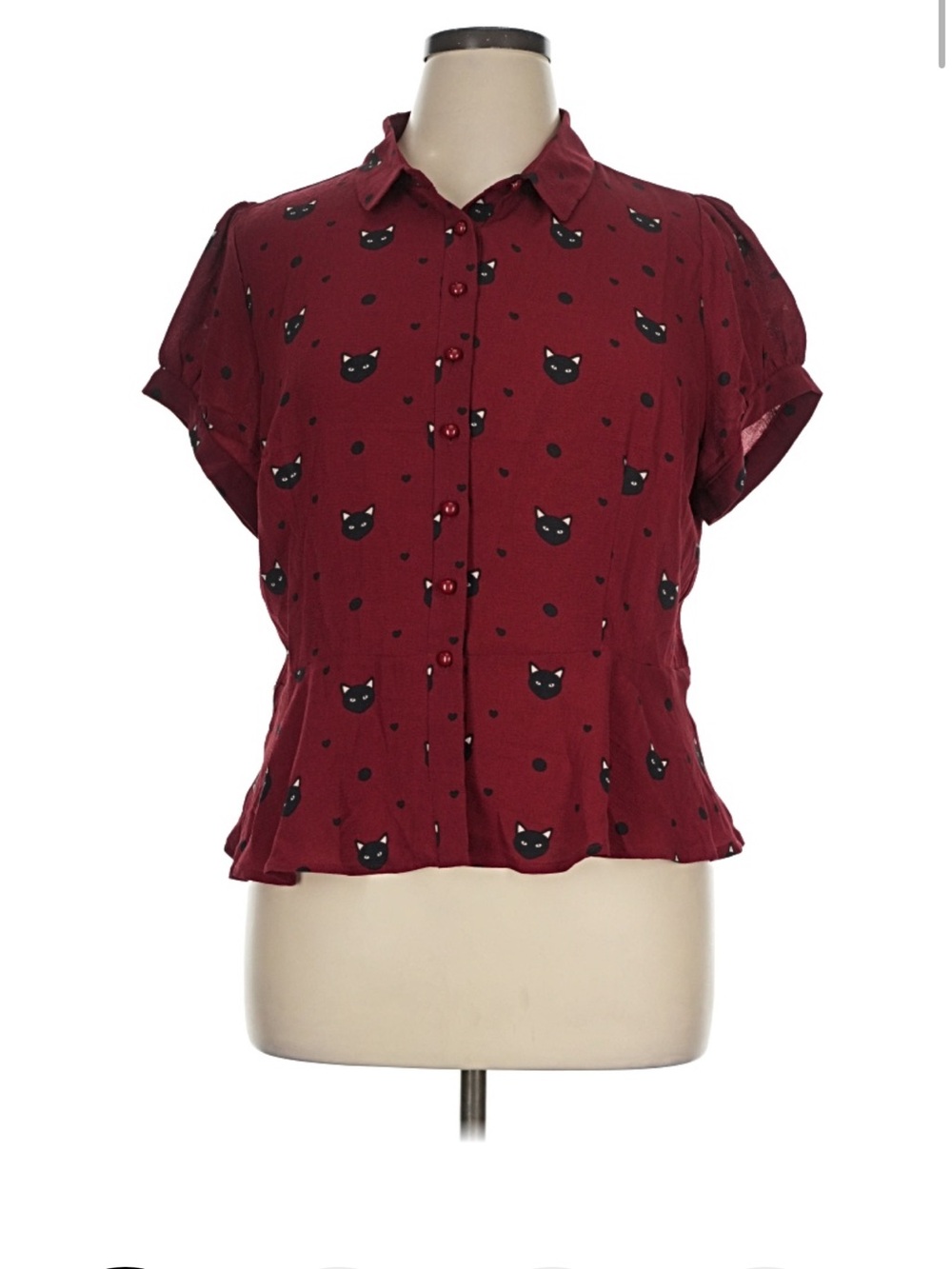 Collectif Burgundy Cat Print Button-Down Top, U.S. 16, EUC 🐈‍⬛